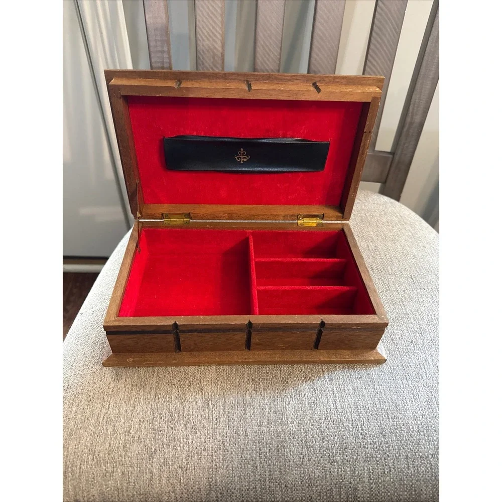 Vintage Japan Wooden Jewelry Box Red Velvet Lined Grid Carved Lid Mid Century